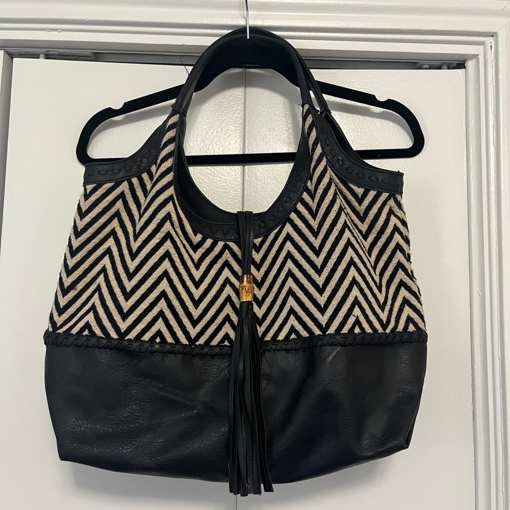 Big Buddha Chevron Tassel‎ Boho Shoulder Bag Black Beige Faux Leather